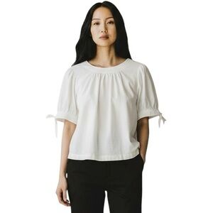 Anthropologie White Cotton Peasant Blouse Boho Cottagecore Tie Sleeve Top Size L